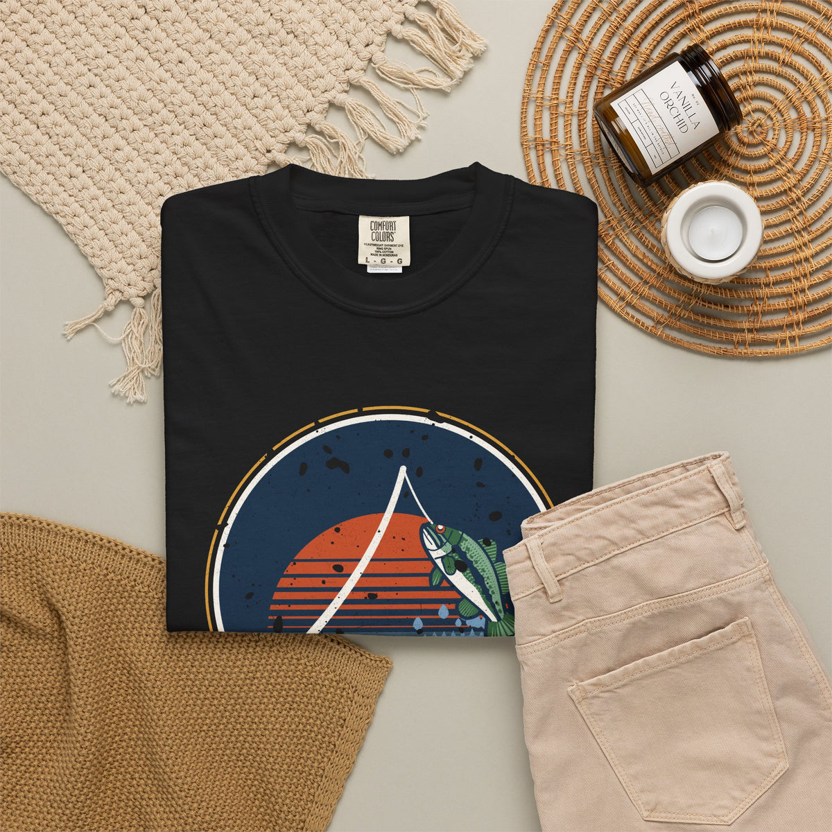 Tight Lines Bent Rod Sunset Badge Tee