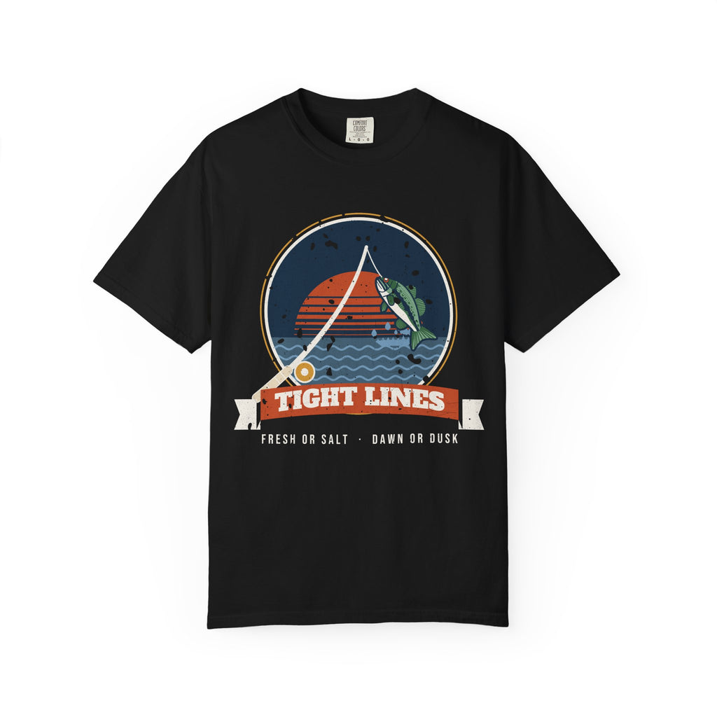 Tight Lines Bent Rod Sunset Badge Tee