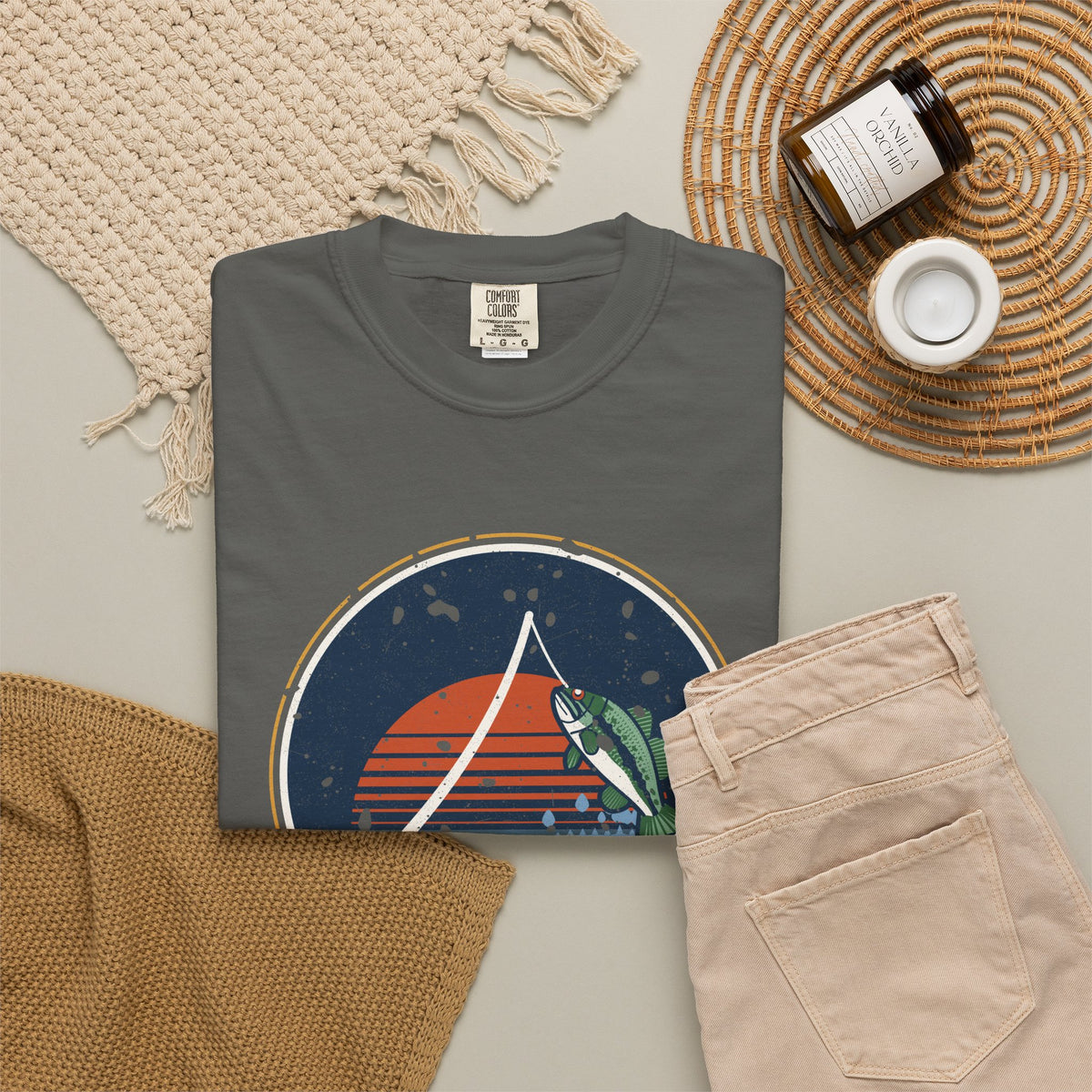 Tight Lines Bent Rod Sunset Badge Tee